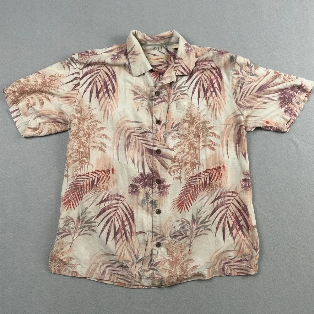 Tommy Bahama Silk Shirt Mens Medium Tan Palm Print Tropical Camp Aloha Button Up